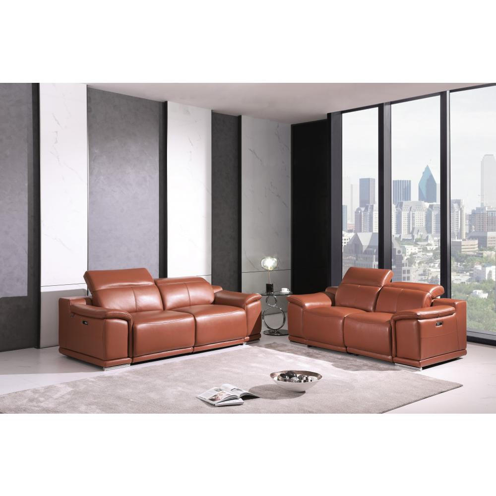 Two Piece Indoor Camel Italian Leather Five Person Seating Set. Picture 6