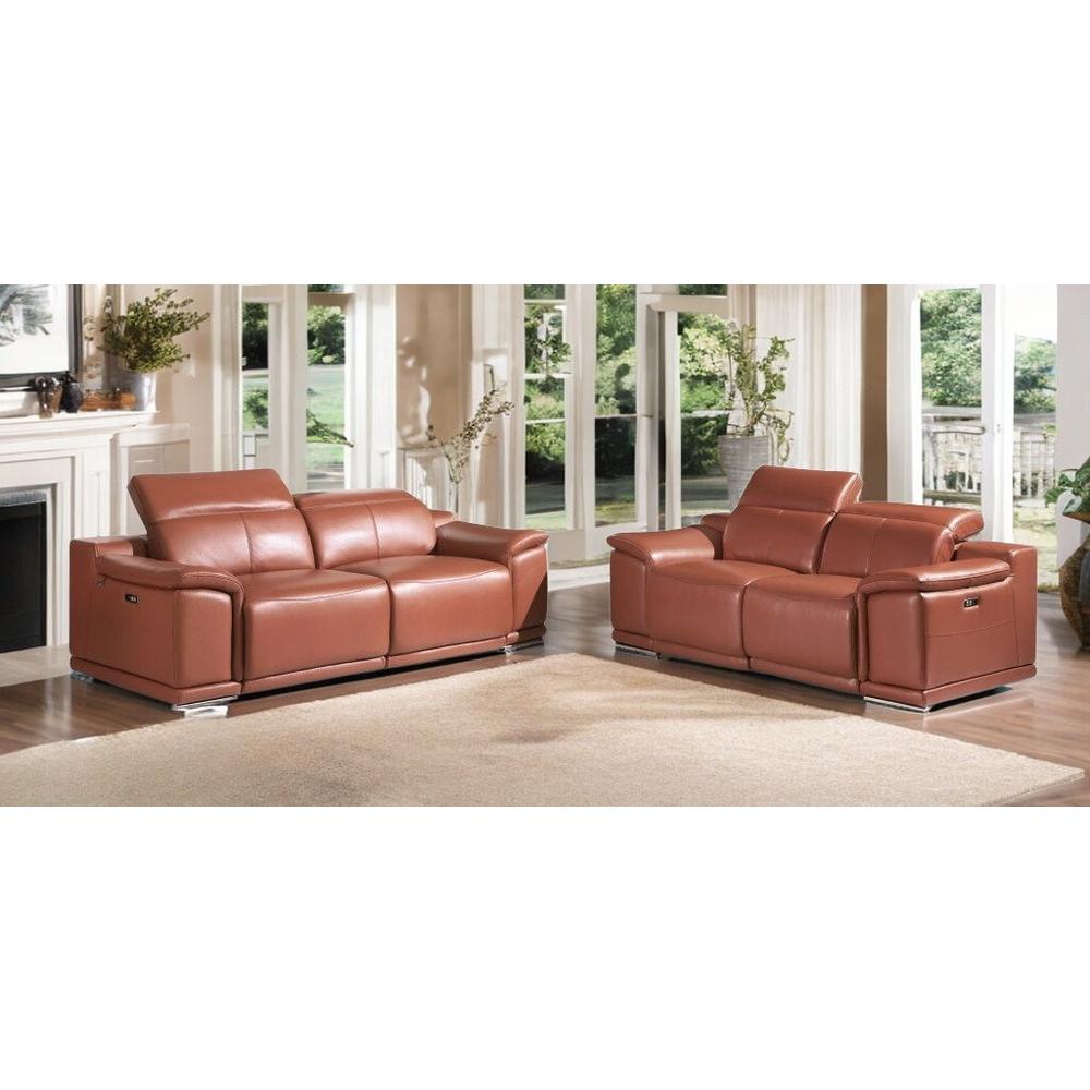 Two Piece Indoor Camel Italian Leather Five Person Seating Set. Picture 2