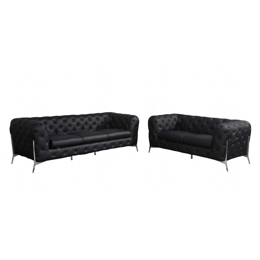 Two Piece Indoor Black Italian Leather Five Person Seating Set. Picture 1
