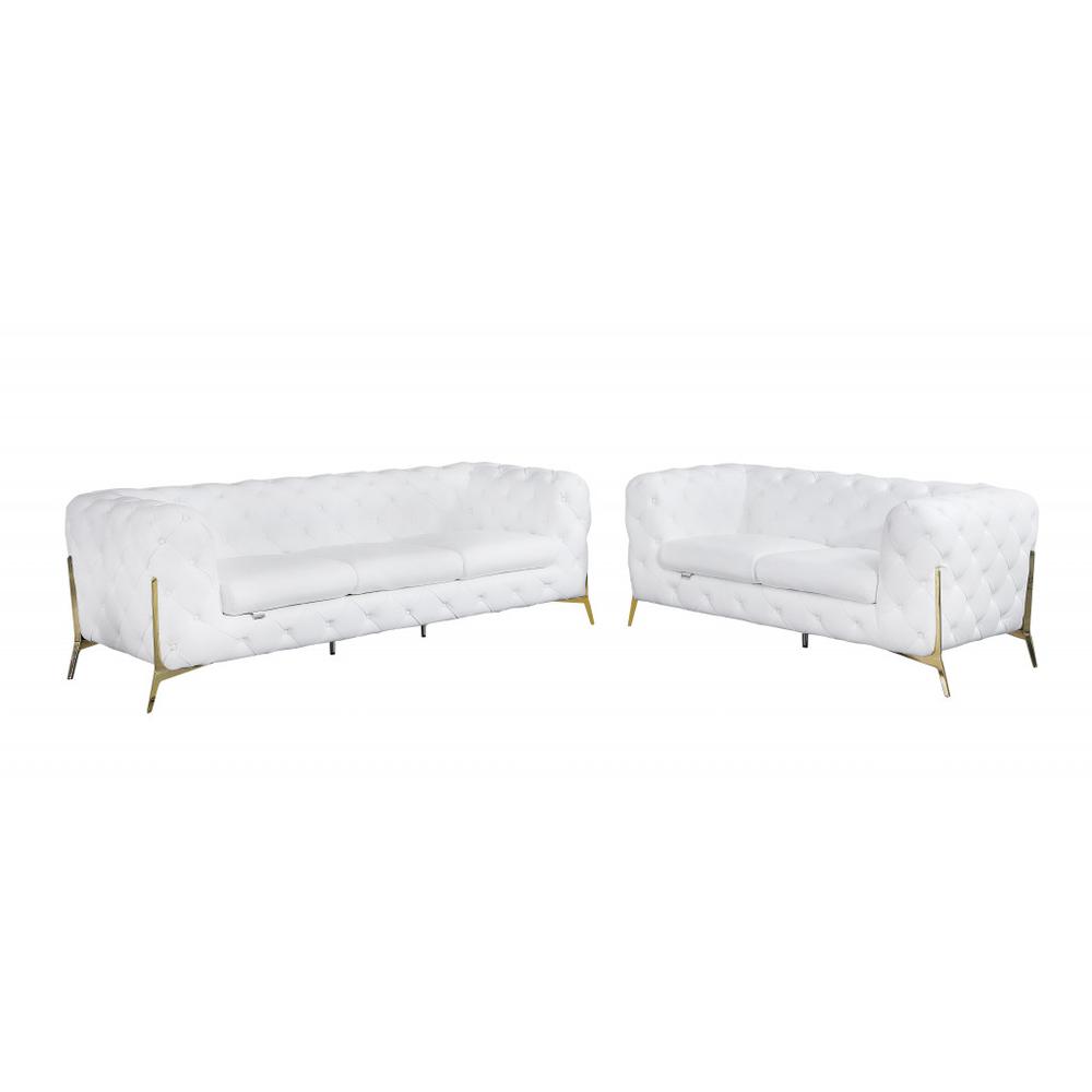 Two Piece Indoor White Italian Leather Five Person Seating Set. Picture 1
