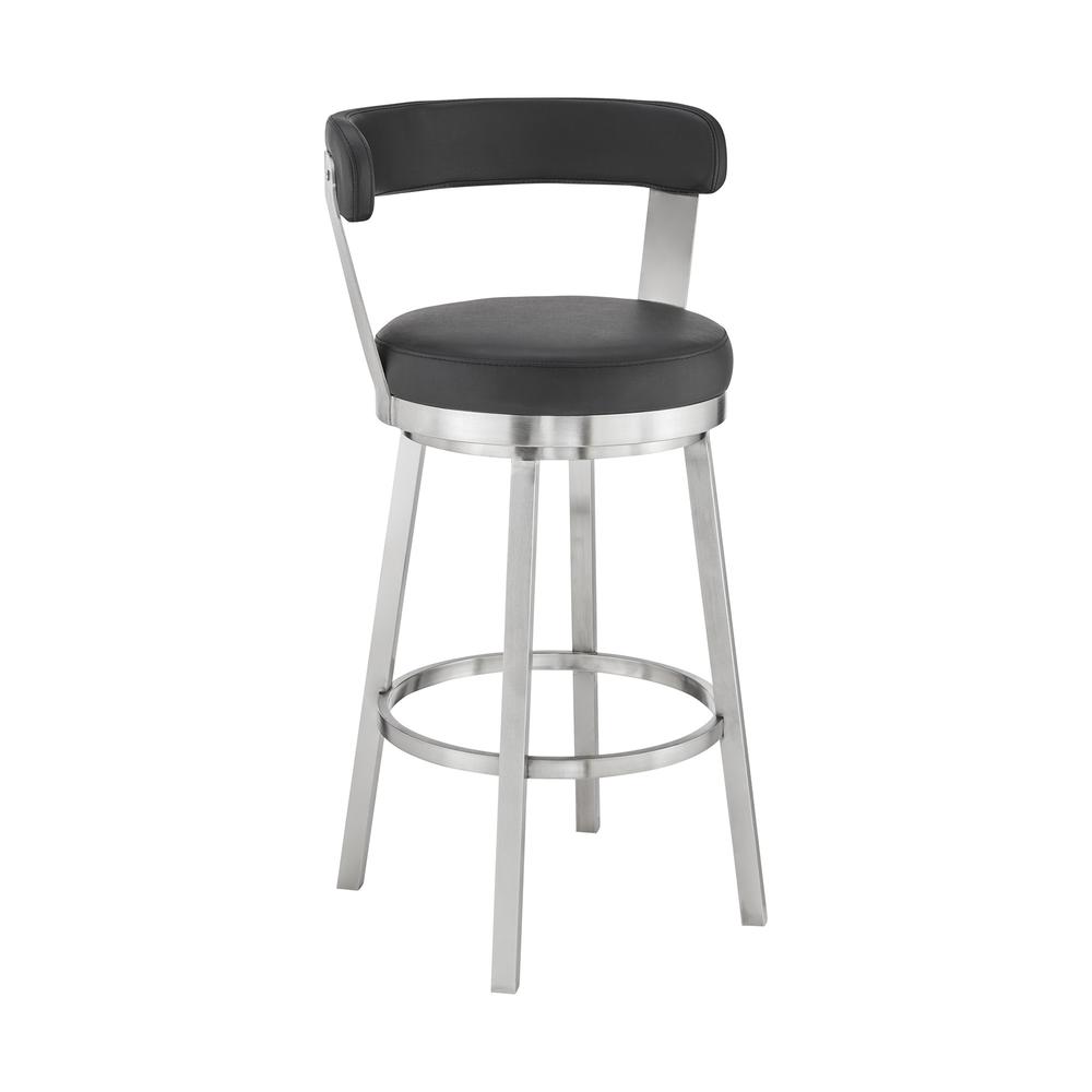 30" Chic Black Faux Leather with Stainless Steel Finish Swivel Bar Stool. Picture 1