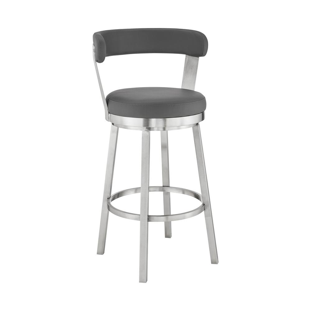 26" Chic Grey Faux Leather with Stainless Steel Finish Swivel Bar Stool. Picture 1