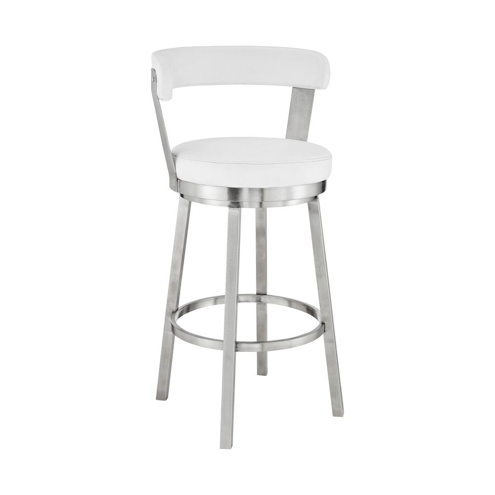 26" Chic White Faux Leather with Stainless Steel Finish Swivel Bar Stool. Picture 1