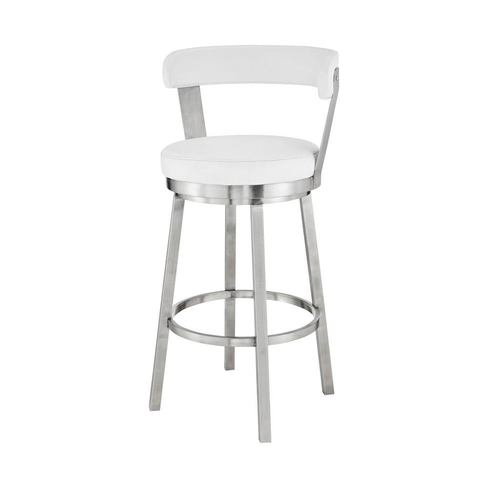 26" Chic White Faux Leather with Stainless Steel Finish Swivel Bar Stool. Picture 9
