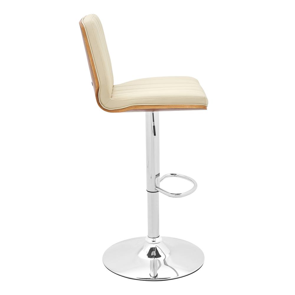 44" Cream And Walnut Faux Leather And Steel Swivel Adjustable Height Bar Chair. Picture 4