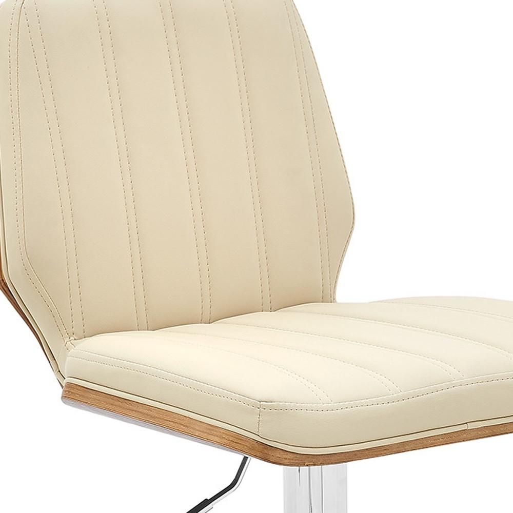44" Cream And Walnut Faux Leather And Steel Swivel Adjustable Height Bar Chair. Picture 9