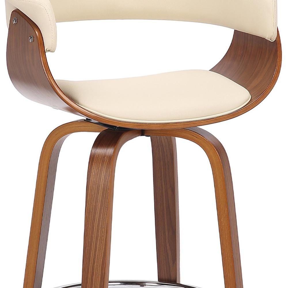 31" Cream, Brown Faux Leather, Solid Wood Swivel Low Back Bar Height Bar Chair. Picture 9