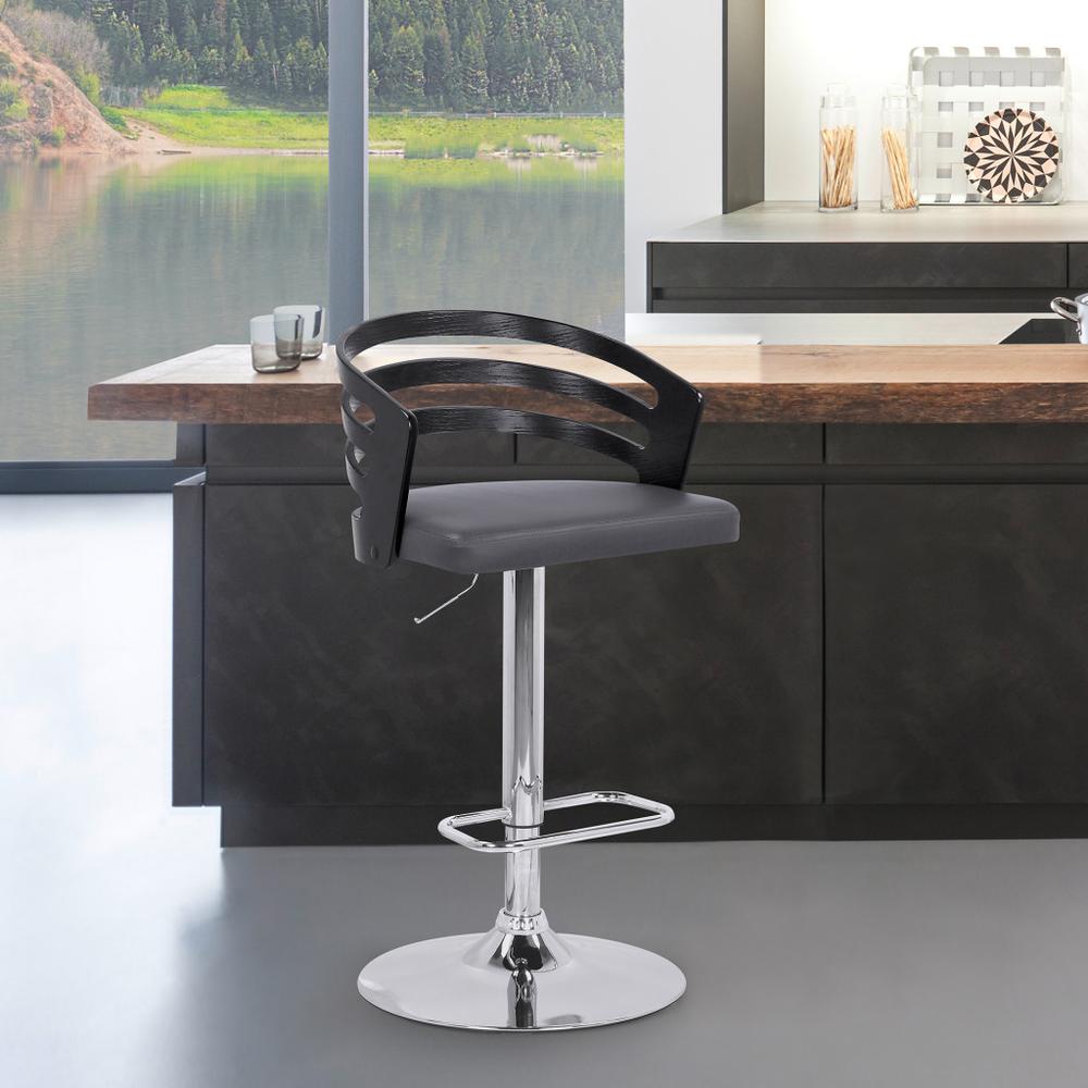 Gray Faux Leather Black Wood and Chrome Adjustable Swivel Bar Stool. Picture 7