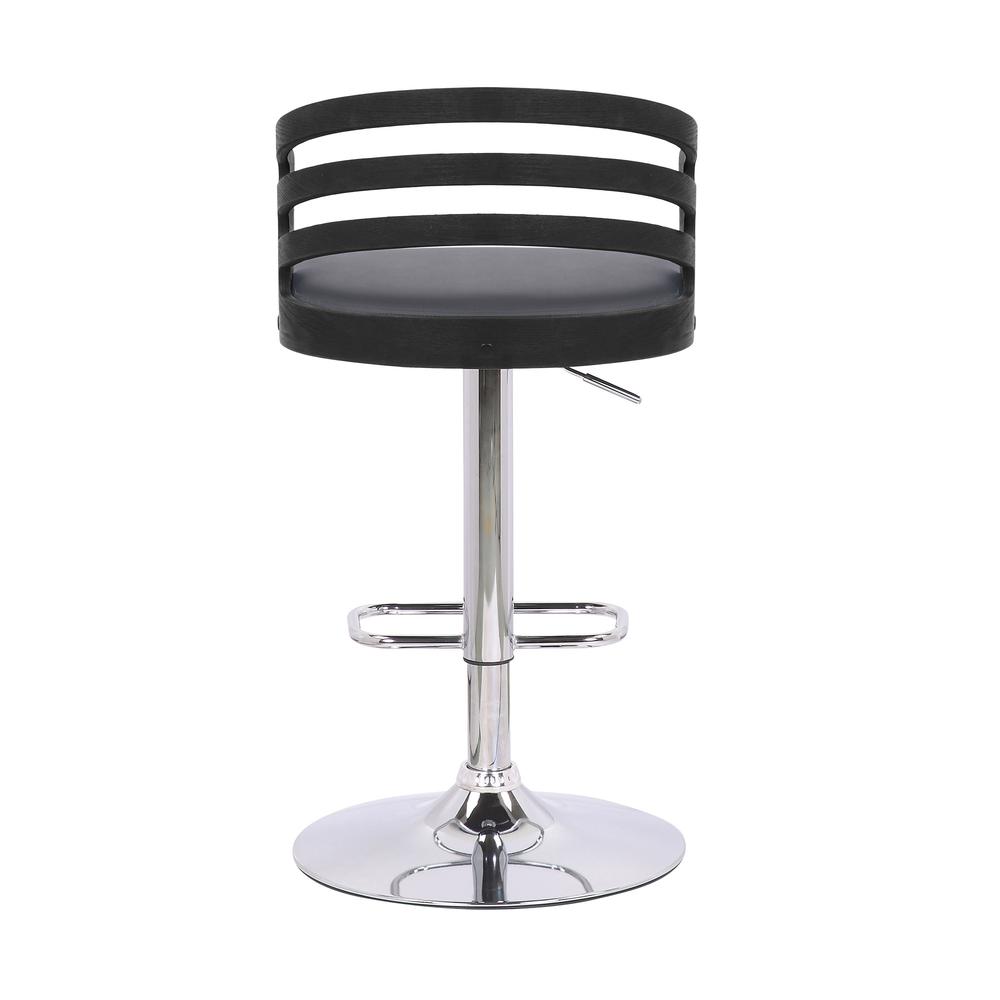 Gray Faux Leather Black Wood and Chrome Adjustable Swivel Bar Stool. Picture 5