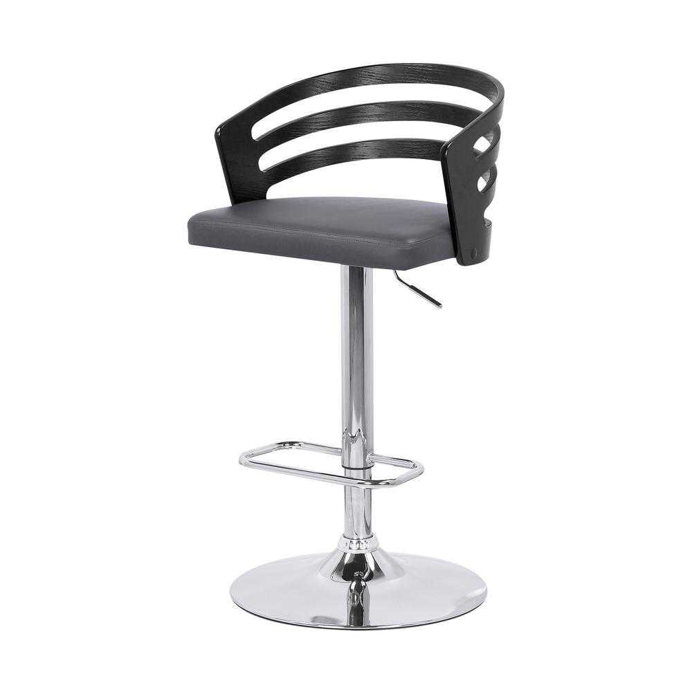 Gray Faux Leather Black Wood and Chrome Adjustable Swivel Bar Stool. Picture 6