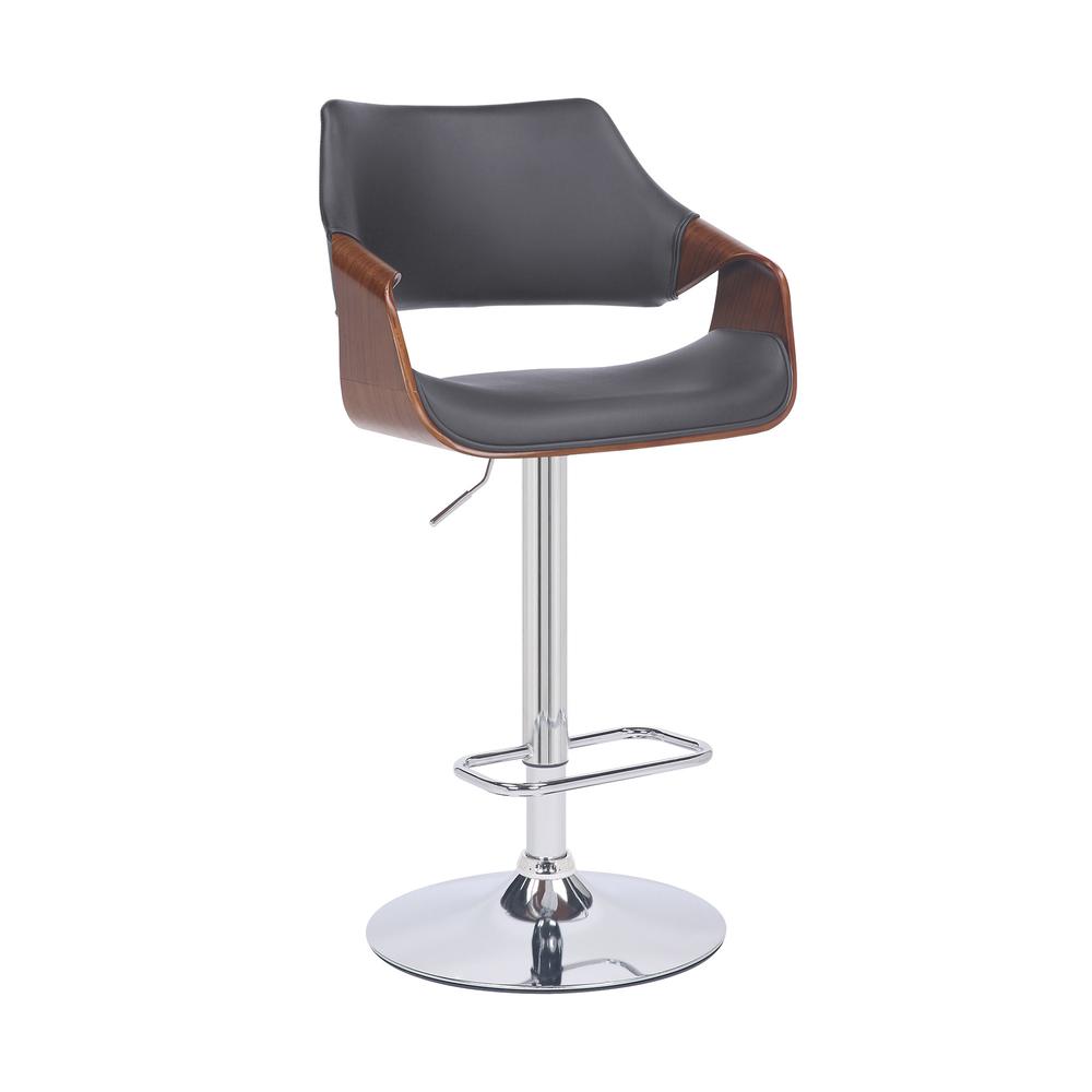 Grey Faux Leather and Walnut Wood and Chrome Swivel Adjustable Bar Stool. Picture 1