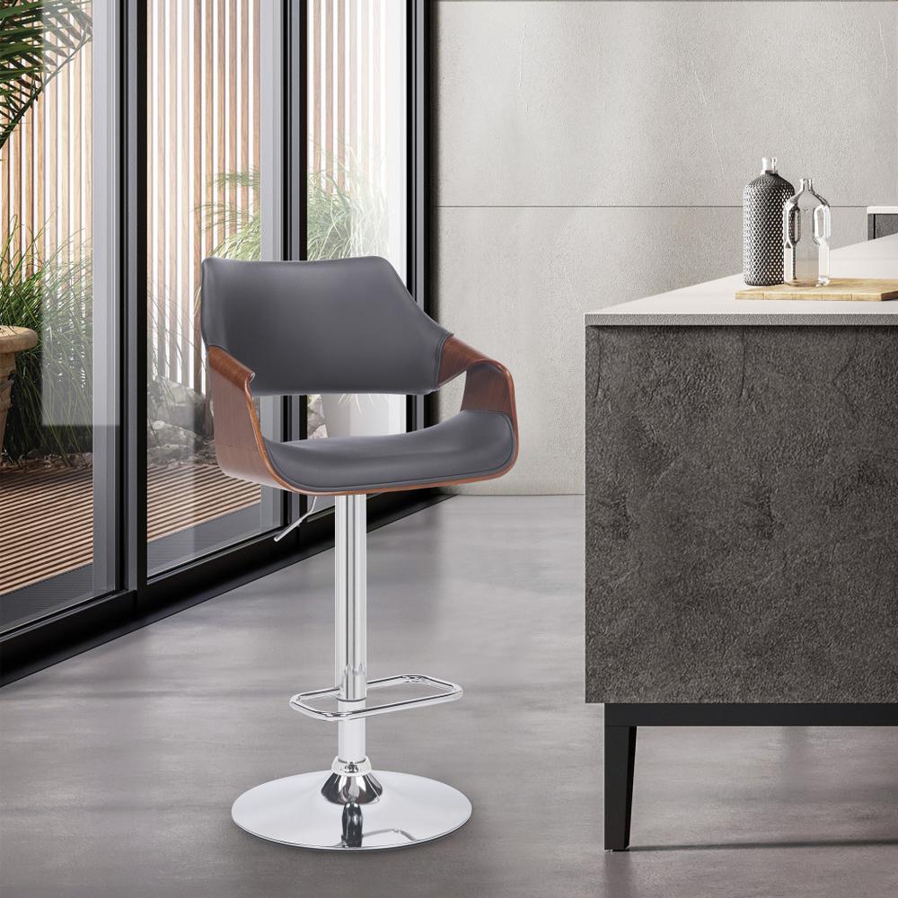 Grey Faux Leather and Walnut Wood and Chrome Swivel Adjustable Bar Stool. Picture 9