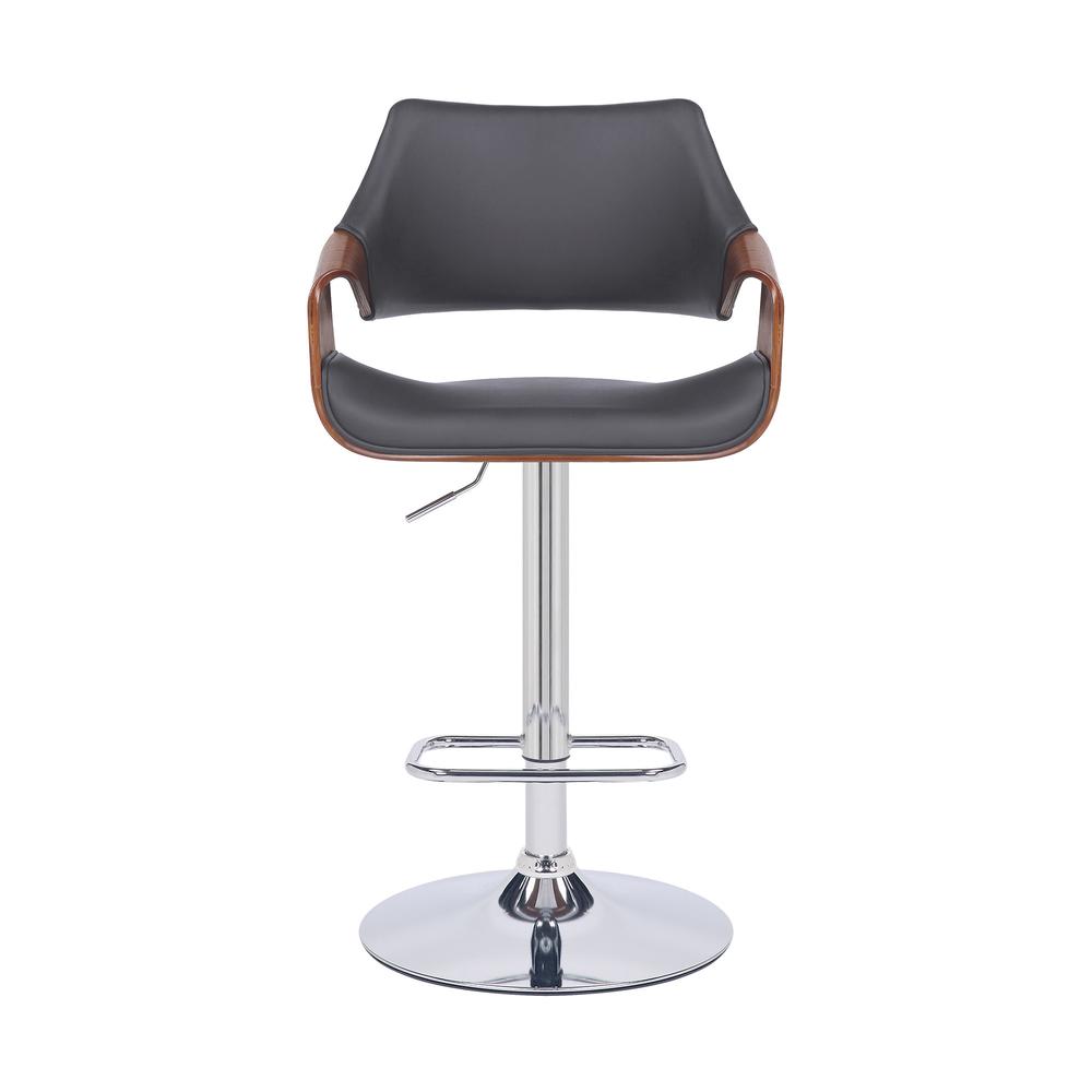 Grey Faux Leather and Walnut Wood and Chrome Swivel Adjustable Bar Stool. Picture 2