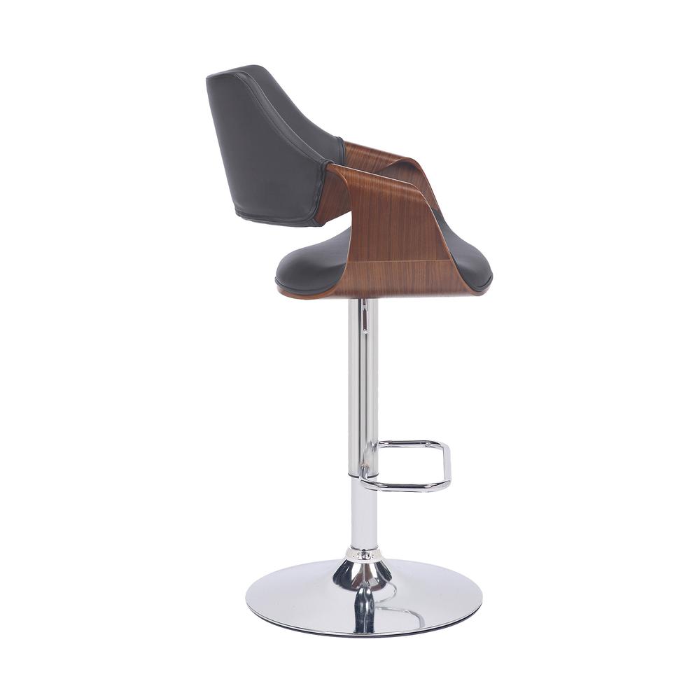 Grey Faux Leather and Walnut Wood and Chrome Swivel Adjustable Bar Stool. Picture 3