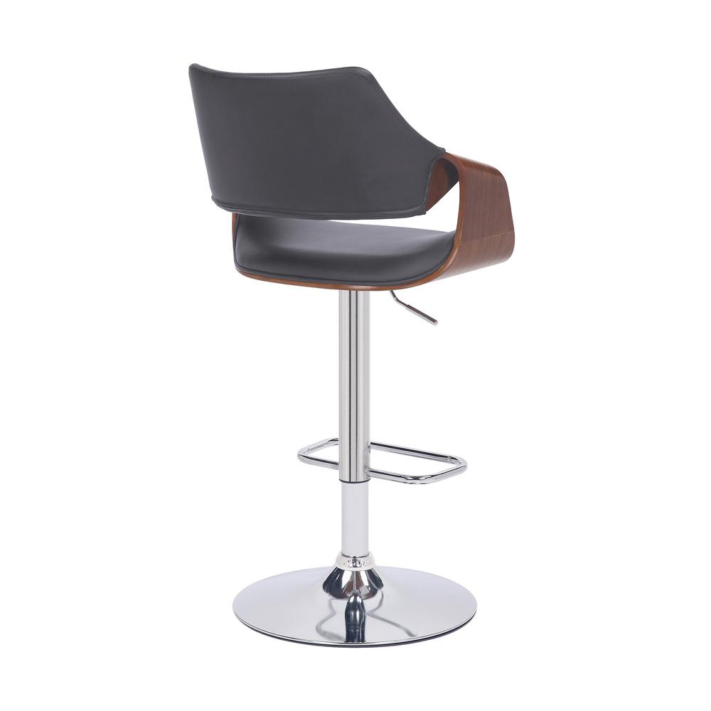 Grey Faux Leather and Walnut Wood and Chrome Swivel Adjustable Bar Stool. Picture 4