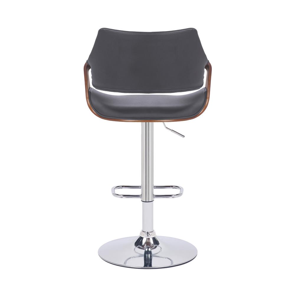 Grey Faux Leather and Walnut Wood and Chrome Swivel Adjustable Bar Stool. Picture 5