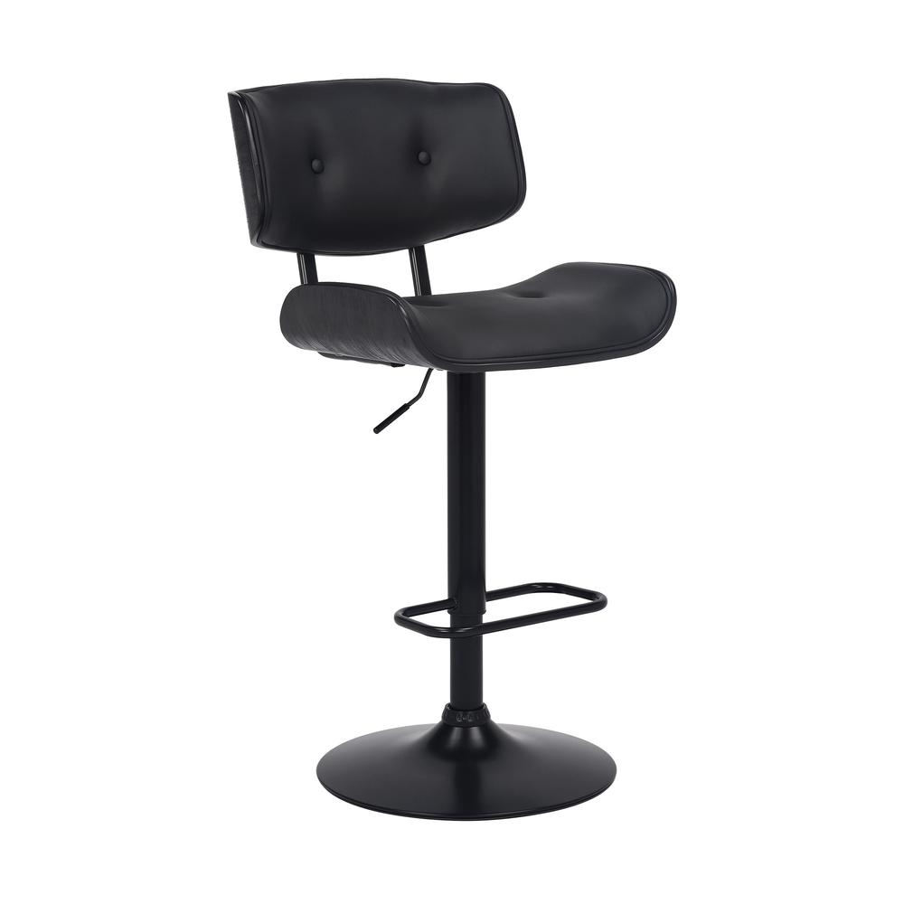 Adjustable Black Tufted Faux Leather and Black Wood Swivel Barstool.. Picture 1