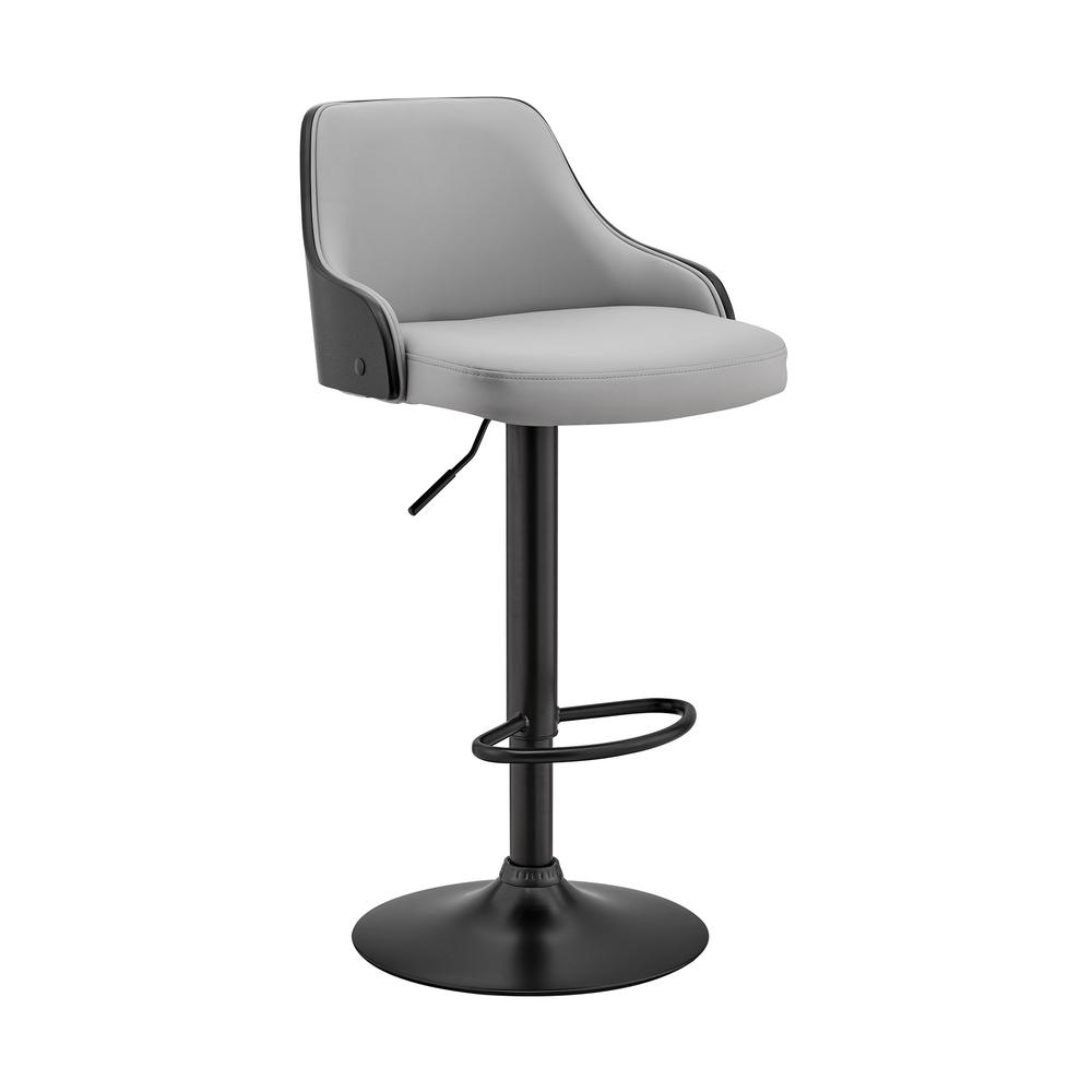 Gray Faux Leather Black Base Adjustable Modern Bar Stool. Picture 1