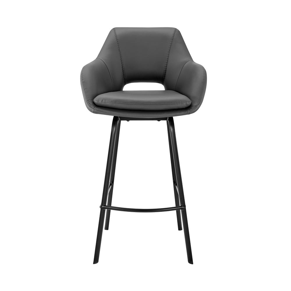 30" Gray on Black Faux Leather Comfy Swivel Bar Stool. Picture 2