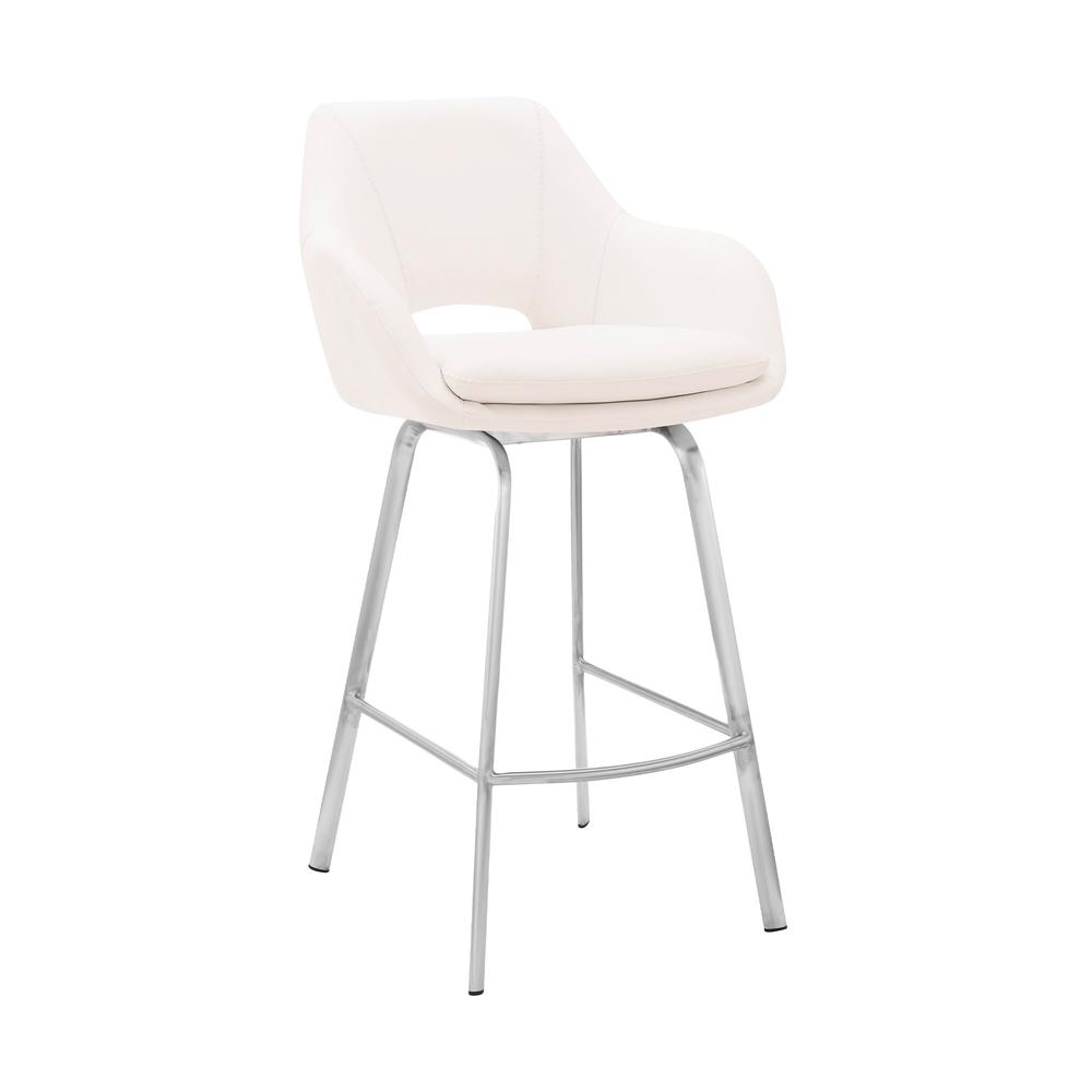 30" White Faux Leather and Stainless Steel Bar Stool. Picture 1
