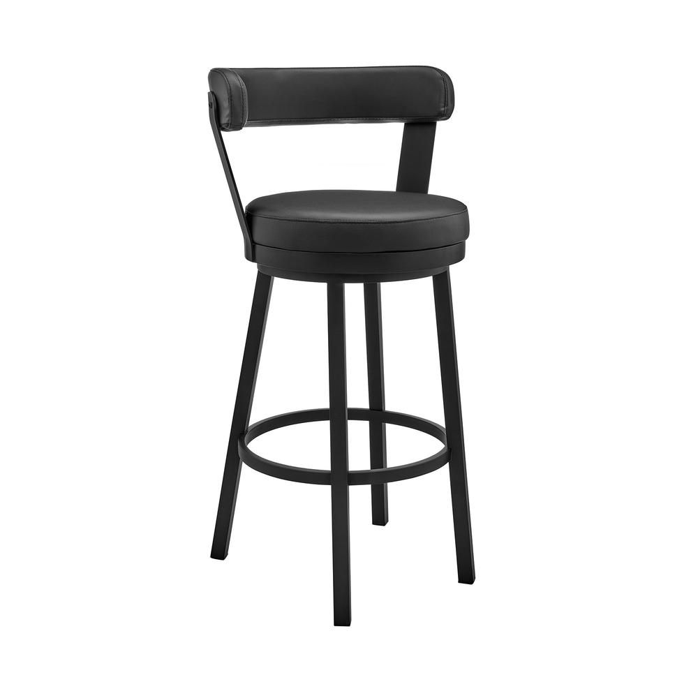 30" Black Faux Leather and Steel Swivel Low Back Bar Height Bar Chair. Picture 1