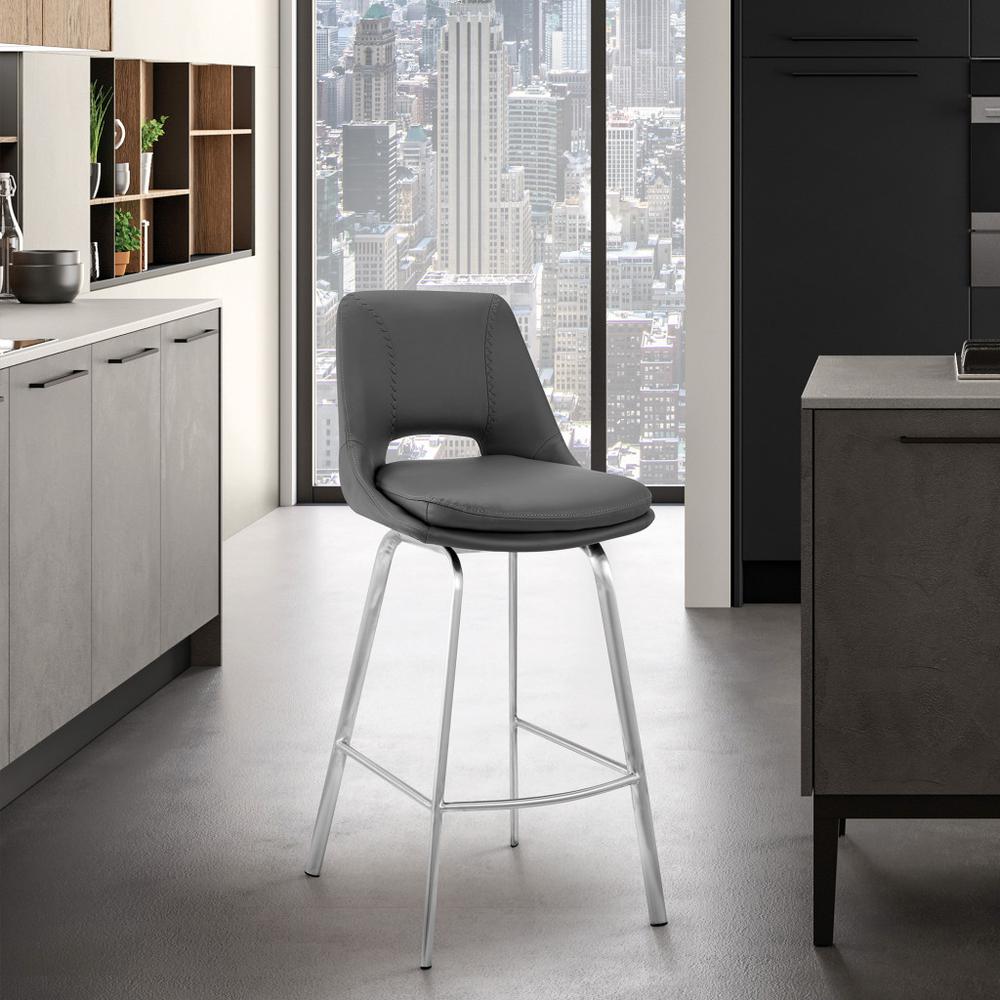 30" Elegant Grey Faux Leather Bar Stool with Stainless Steel Frame. Picture 8