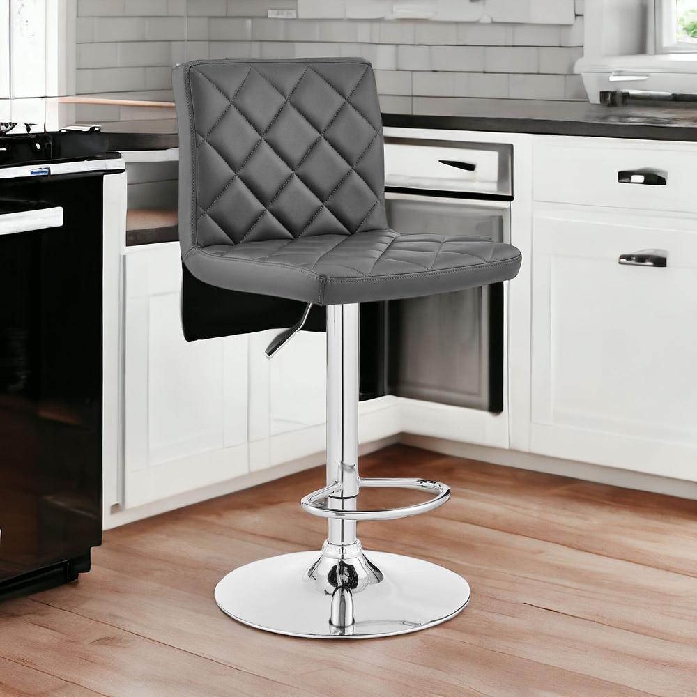 Gray Faux Leather Chrome Base Swivel Adjustable Bar Stool. Picture 1