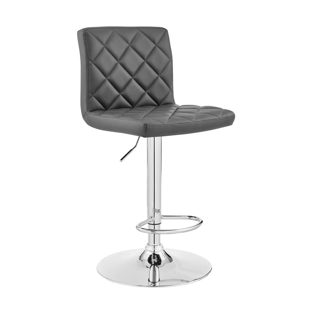 Gray Faux Leather Chrome Base Swivel Adjustable Bar Stool. Picture 2