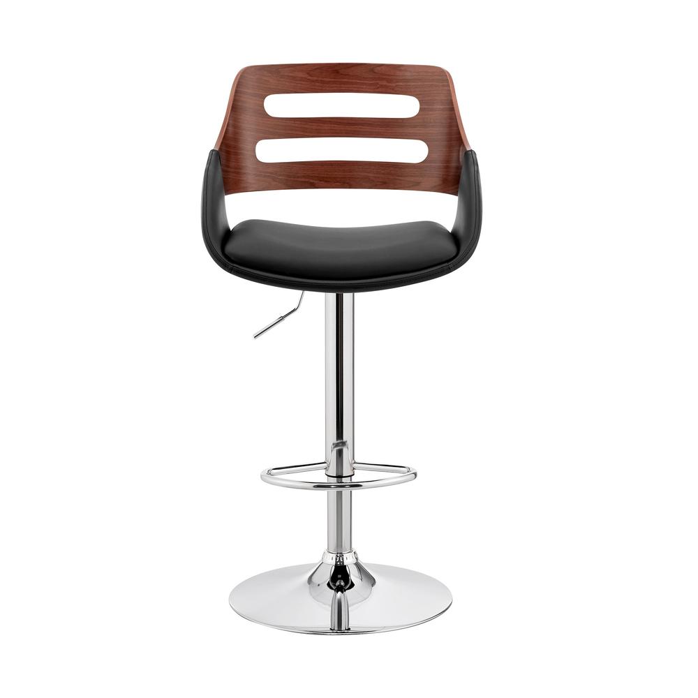 Black Faux Leather and Walnut Wood Adjustable Bar Stool. Picture 2