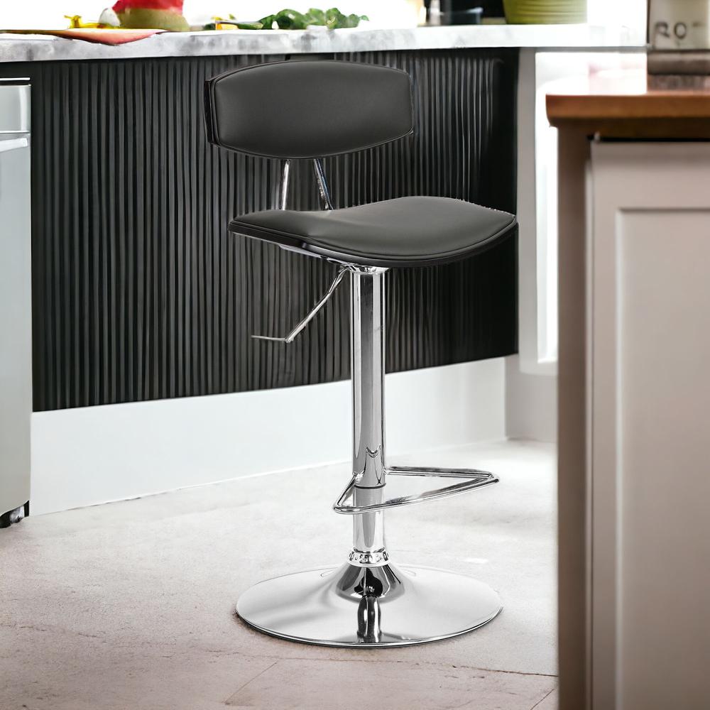 Gray Faux Leather Adjustable Chrome Base Swivel Bar Stool. Picture 2