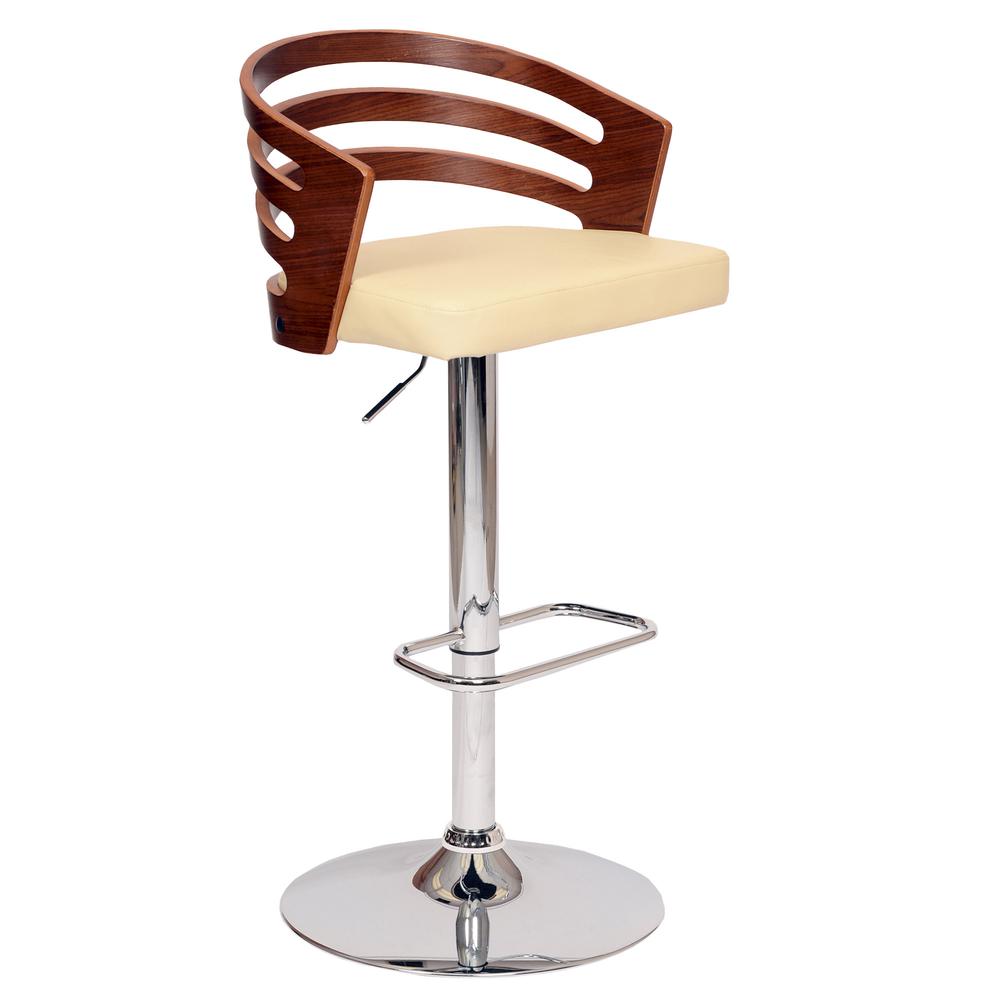 Cream Faux Leather Walnut and Chrome Adjustable Swivel Bar Stool. Picture 1