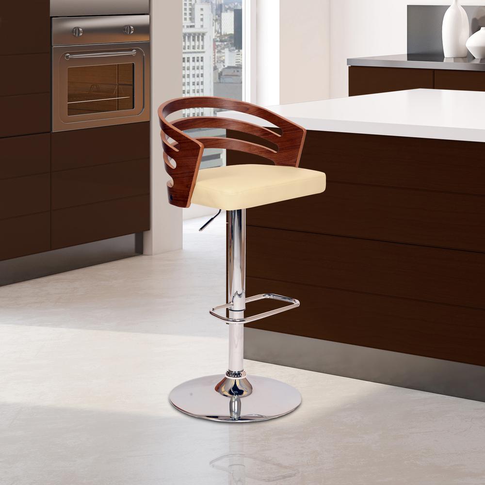 Cream Faux Leather Walnut and Chrome Adjustable Swivel Bar Stool. Picture 7