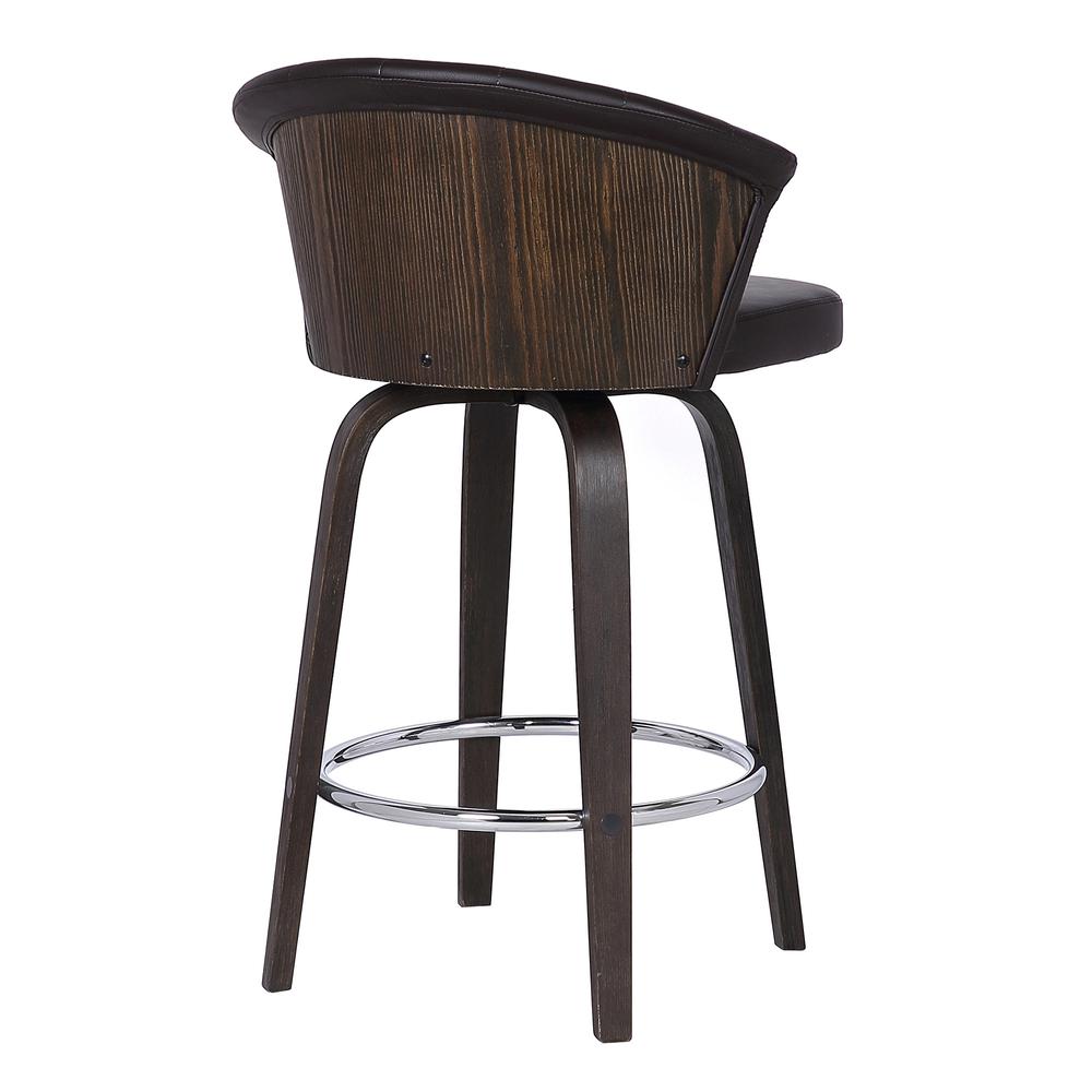 30" Dark Brown Faux Leather and Rustic Wood Back Swivel Bar Stool. Picture 4