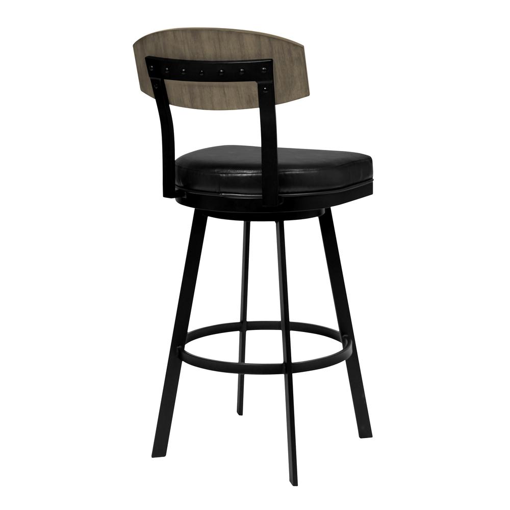 30" Black Faux Leather Black Metal and Gray Walnut Open Back Swivel Bar Stool. Picture 3