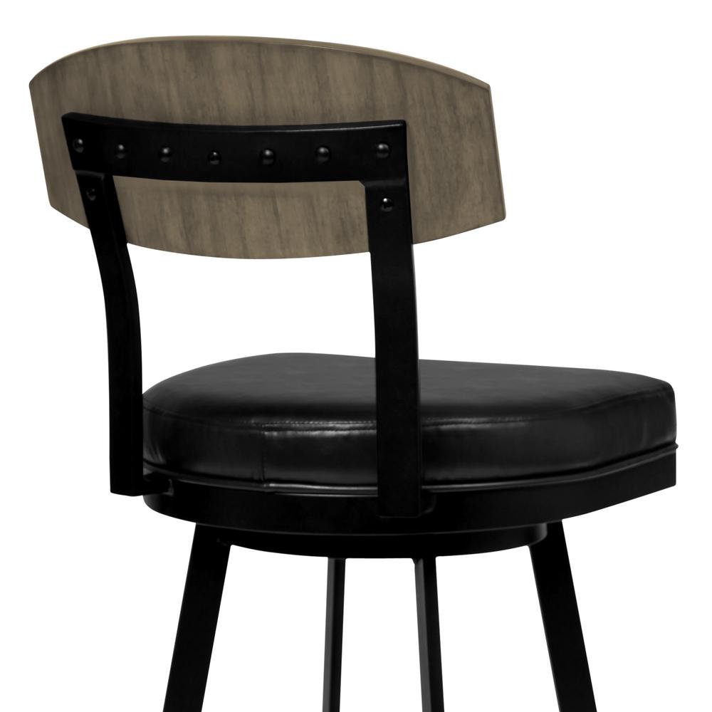 30" Black Faux Leather Black Metal and Gray Walnut Open Back Swivel Bar Stool. Picture 6