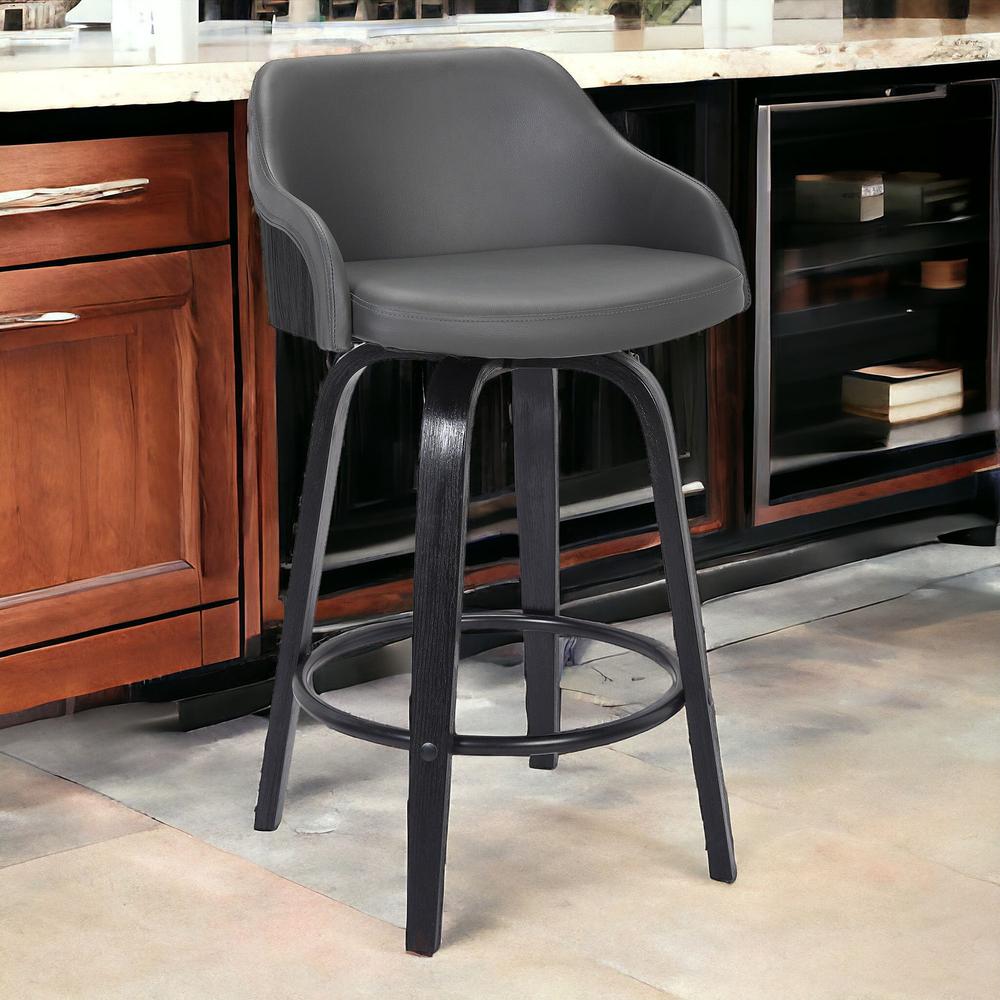 26" Gray Swivel Faux Leather Black Wooden Bar Stool. Picture 2