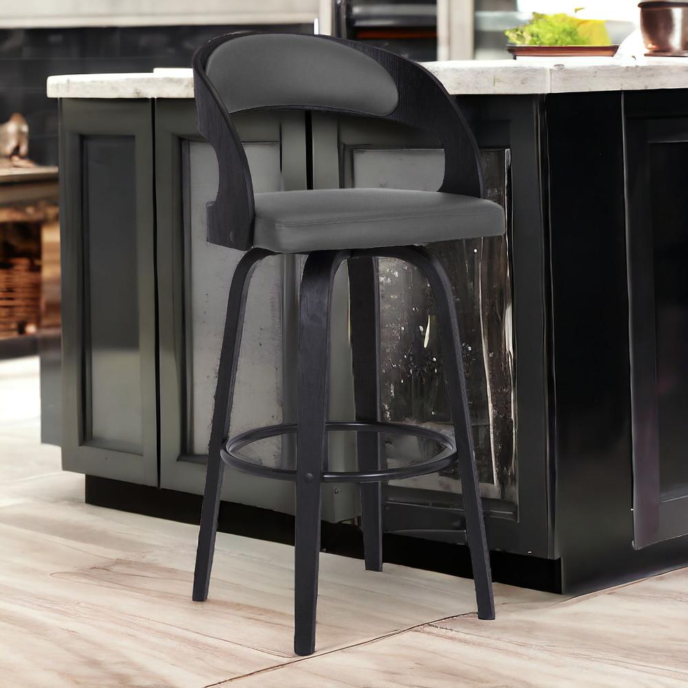 Gray Faux Leather Modern Black Wooden Bar Stool. Picture 2