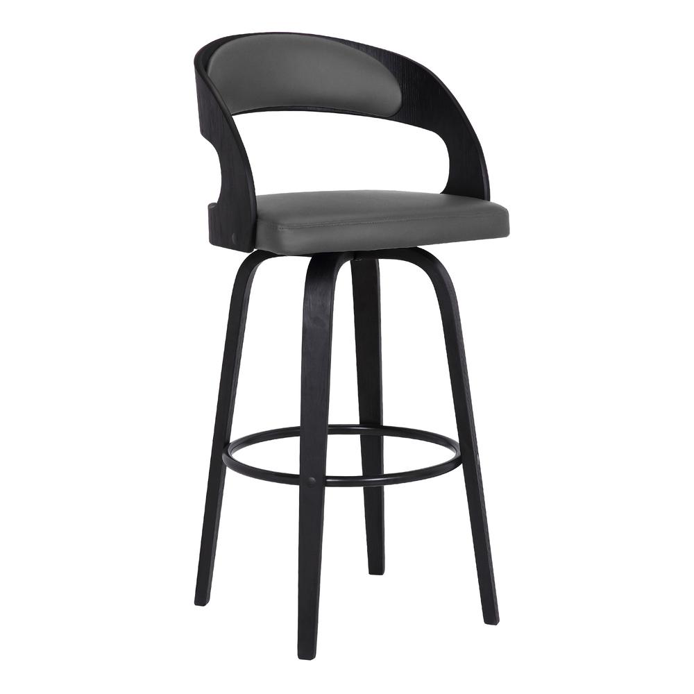 Gray Faux Leather Modern Black Wooden Bar Stool. Picture 1