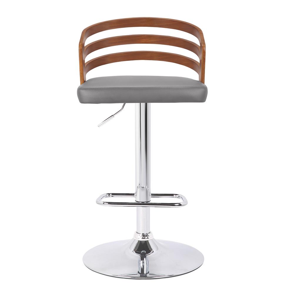 Gray Faux Leather Walnut Wood and Chrome Adjustable Swivel Bar Stool. Picture 2
