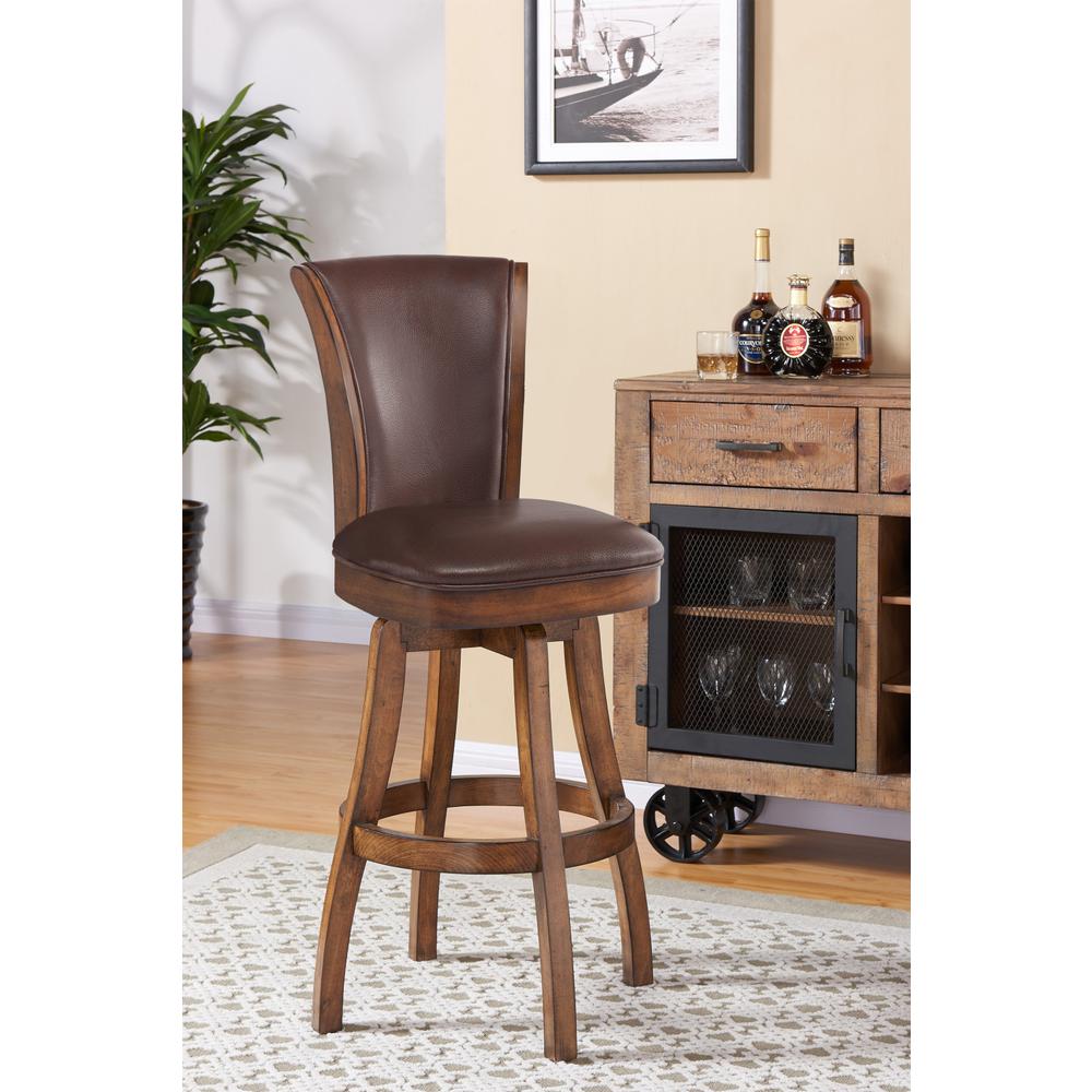 42" Brown Faux Leather And Solid Wood Swivel Counter Height Bar Chair. Picture 3