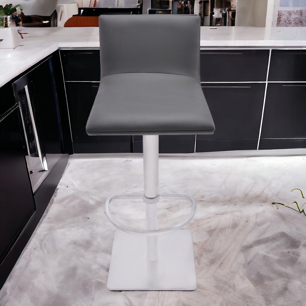 Adjustable Grey Faux Leather Walnut and Stainless Swivel Bar Stool. Picture 2