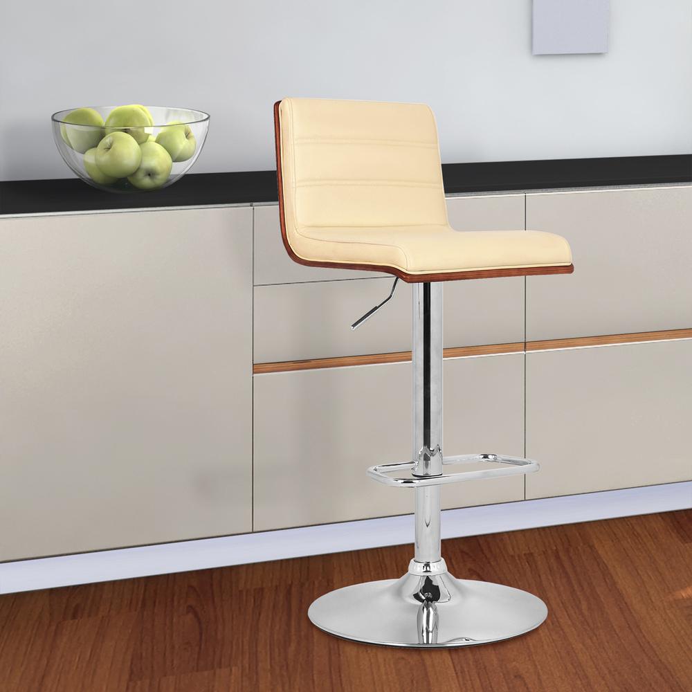 Cream Faux Leather Walnut and Chrome Adjustable Swivel Bar Stool. Picture 3