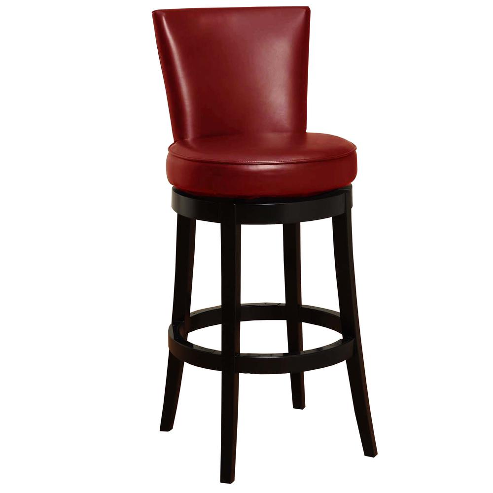 30" Red Faux Leather Round Seat Black Wood Swivel Armless Bar Stool. Picture 6