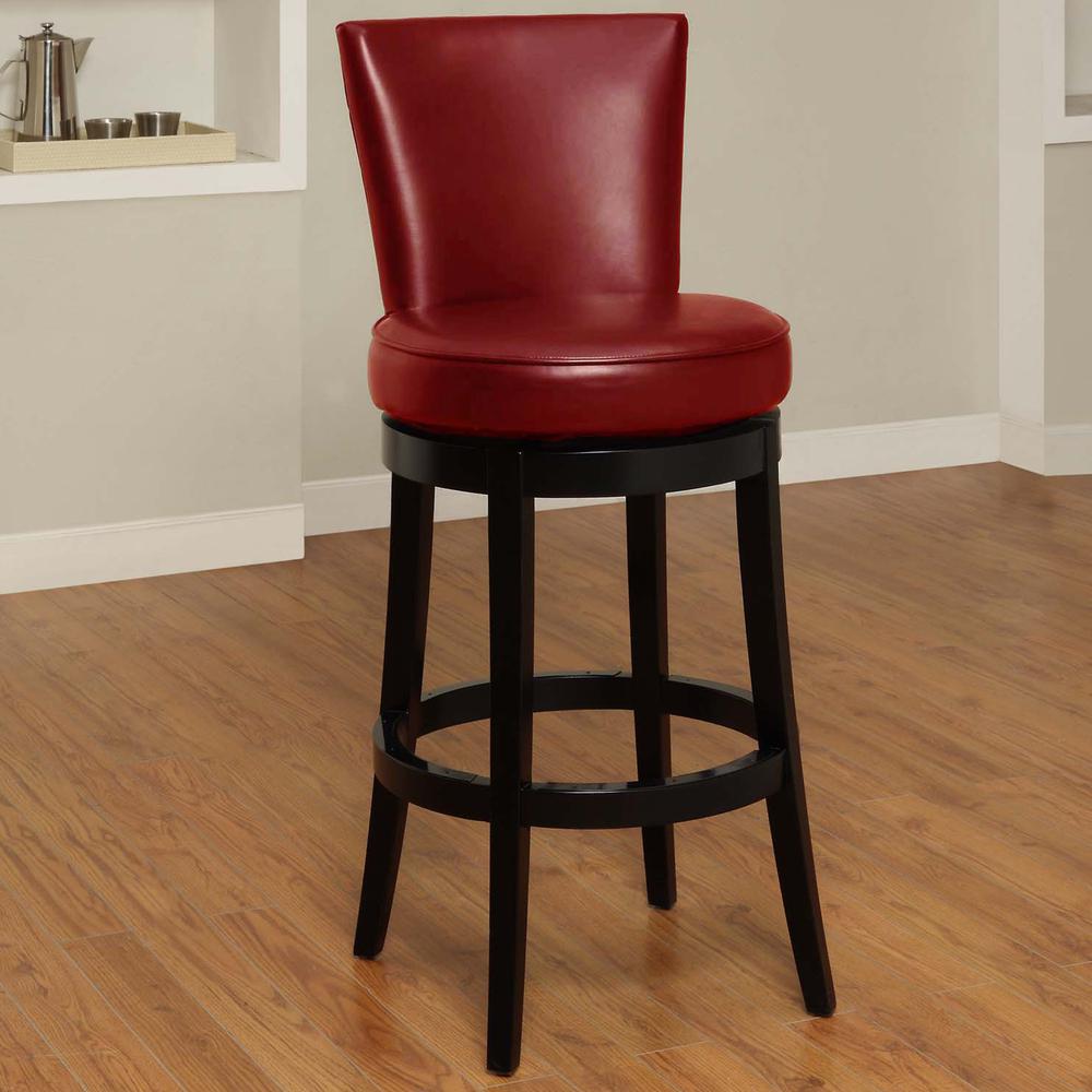 30" Red Faux Leather Round Seat Black Wood Swivel Armless Bar Stool. Picture 7