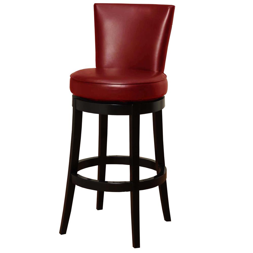 30" Red Faux Leather Round Seat Black Wood Swivel Armless Bar Stool. Picture 3