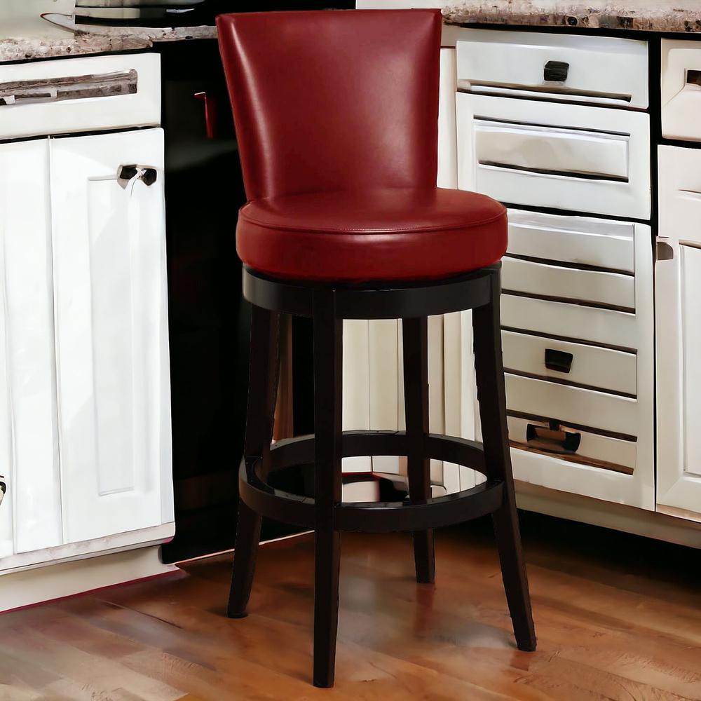 30" Red Faux Leather Round Seat Black Wood Swivel Armless Bar Stool. Picture 1