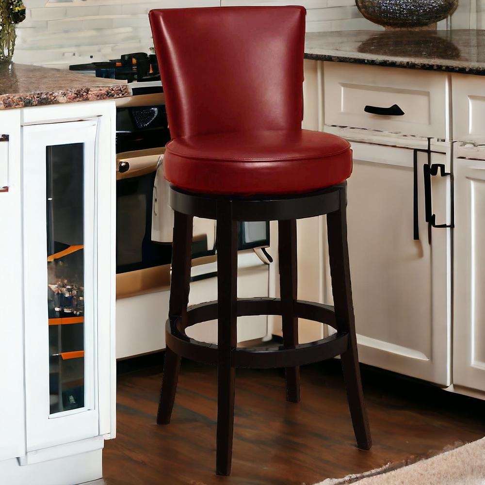 30" Red Faux Leather Round Seat Black Wood Swivel Armless Bar Stool. Picture 2