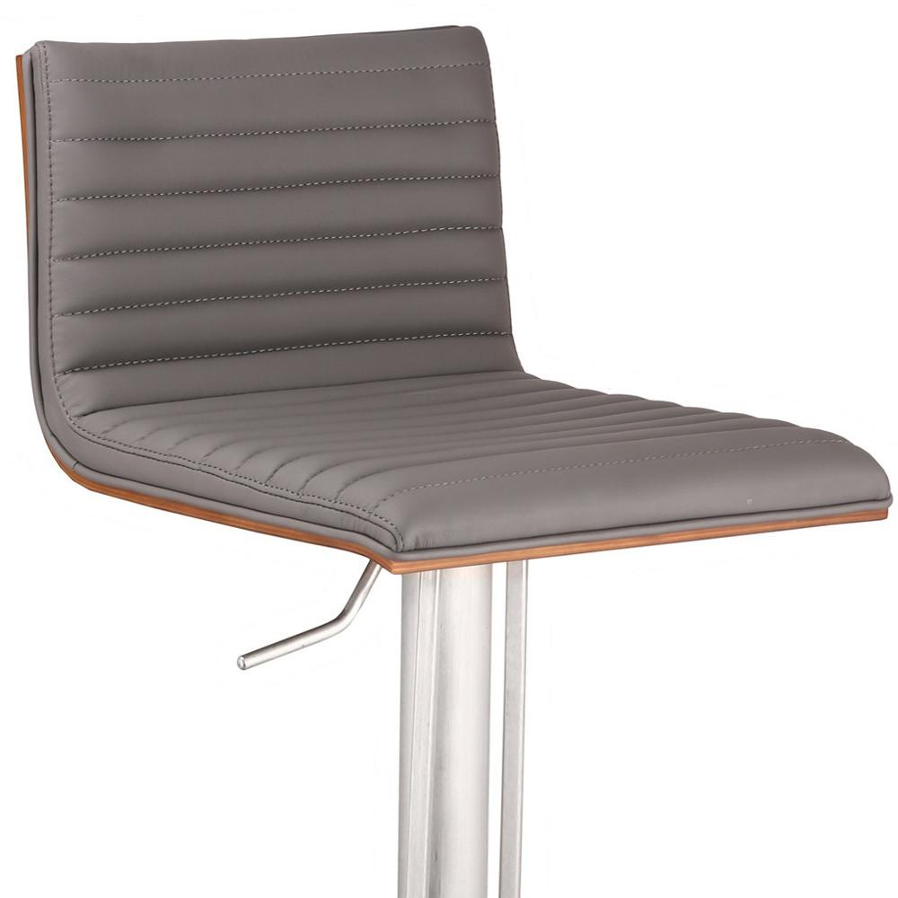 Grey Faux Leather Armless Swivel Bar Stool with Brushed Stainless Steel Base. Picture 5