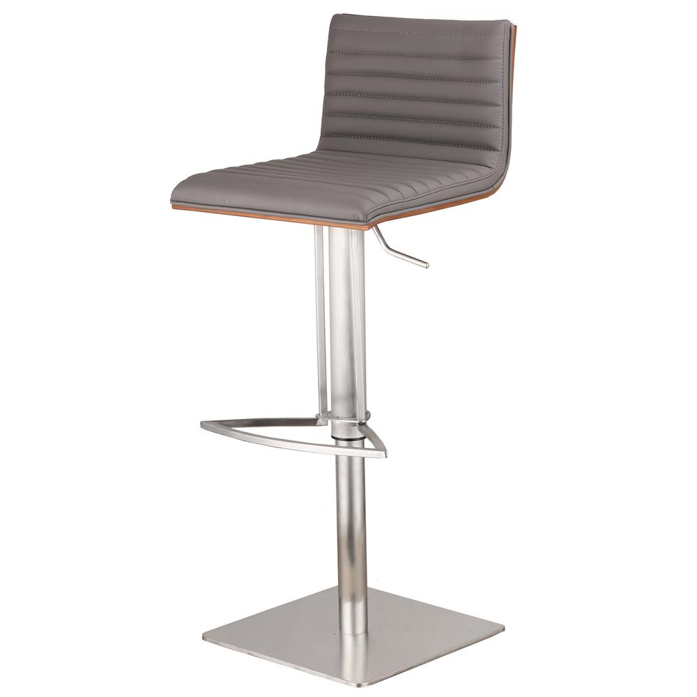 Grey Faux Leather Armless Swivel Bar Stool with Brushed Stainless Steel Base. Picture 6