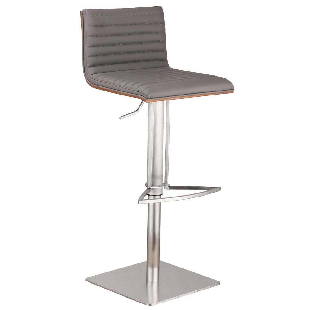 Grey Faux Leather Armless Swivel Bar Stool with Brushed Stainless Steel Base. Picture 1
